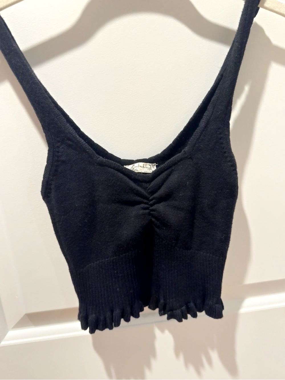 Free People Black Ribbed Knit Tank with Ruffle Hem